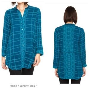 Johnny Was Teal Blue Hand Embroidered Teal Plaid Women's Top Chepas Button down